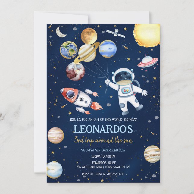 Invitation Outer Space Astronaut Rocket Planets Birthday  (Devant)
