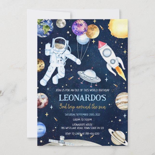 Invitation Outer Space Astronaut Rocket Planets Birthday (Devant)