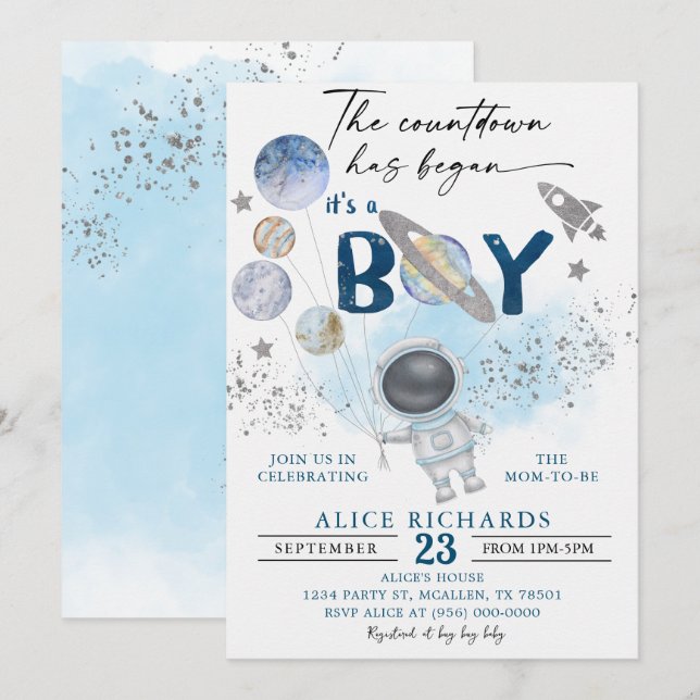 Invitation Outer Space Boy Baby Shower Galaxy Baby Shower (Devant / Derrière)