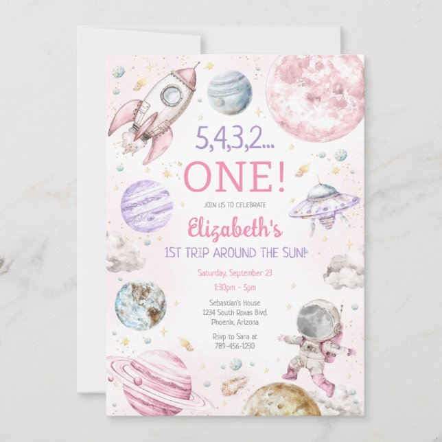 Invitation Outer Space First Trip Around The Sun 1st Birthday (Devant)