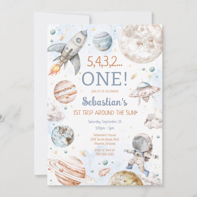 Invitation Outer Space First Trip Around The Sun 1st Birthday (Devant)