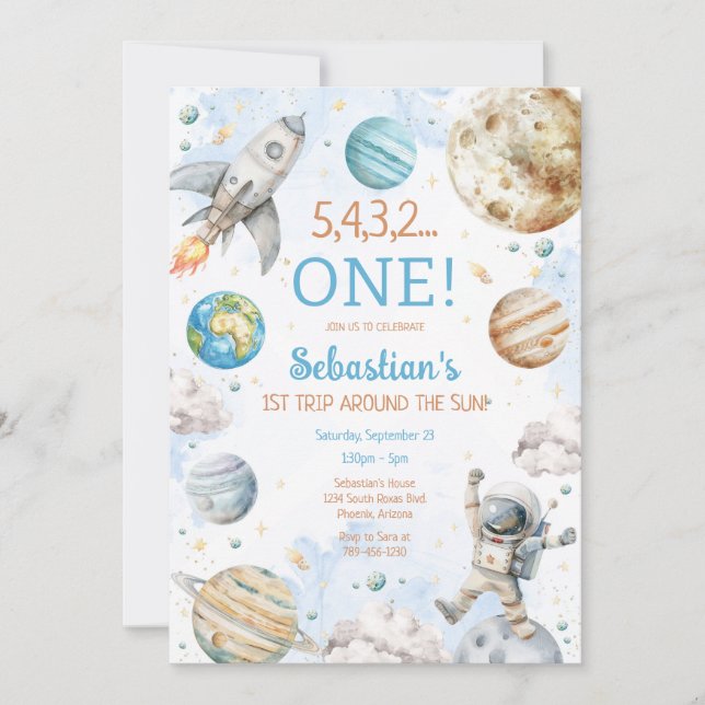 Invitation Outer Space First Trip Around The Sun 1st Birthday (Devant)