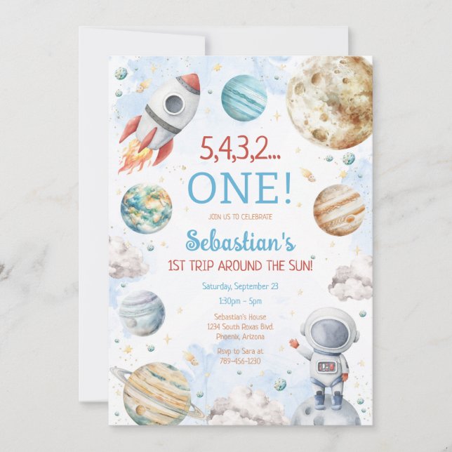 Invitation Outer Space First Trip Around The Sun 1st Birthday (Devant)