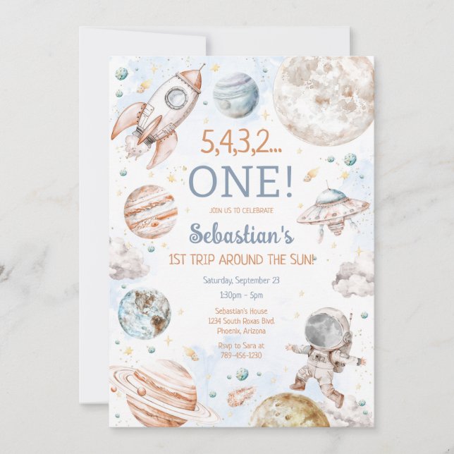 Invitation Outer Space First Trip Around The Sun 1st Birthday (Devant)