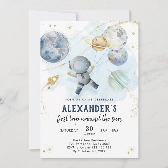 Invitation Outer Space First Trip Around the Sun 1st Birthday (Devant)