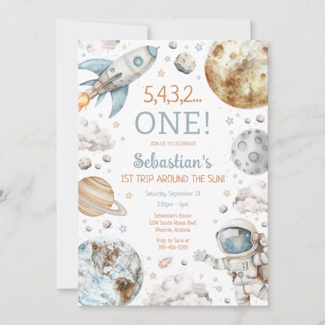 Invitation Outer Space First Trip Around The Sun 1st Birthday (Devant)