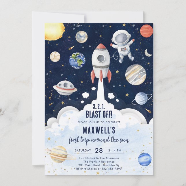 Invitation Outer Space Planets Astronaut Boy Birthday (Devant)