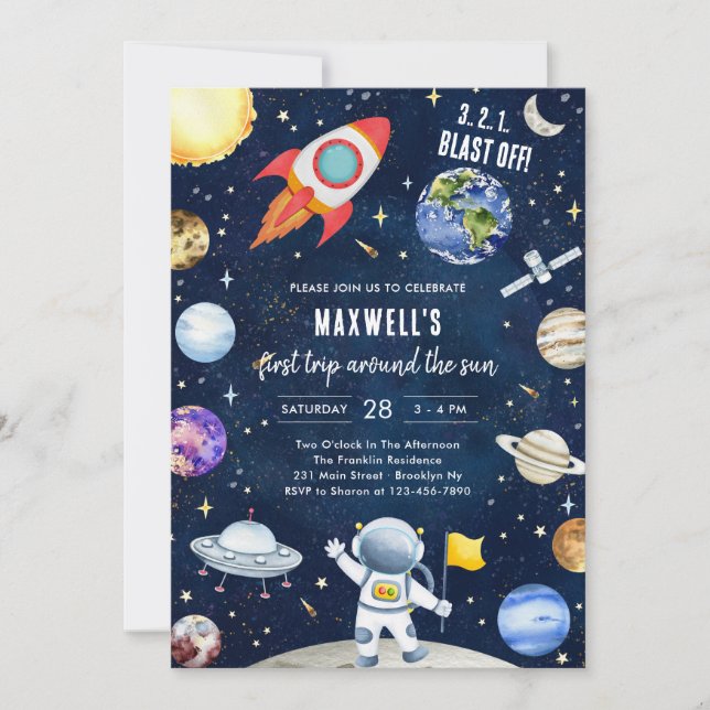 Invitation Outer Space Planets Astronaut Boy Birthday (Devant)