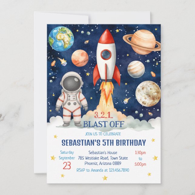 Invitation Outer Space Rocket Ship Astronaut Galaxy Birthday  (Devant)