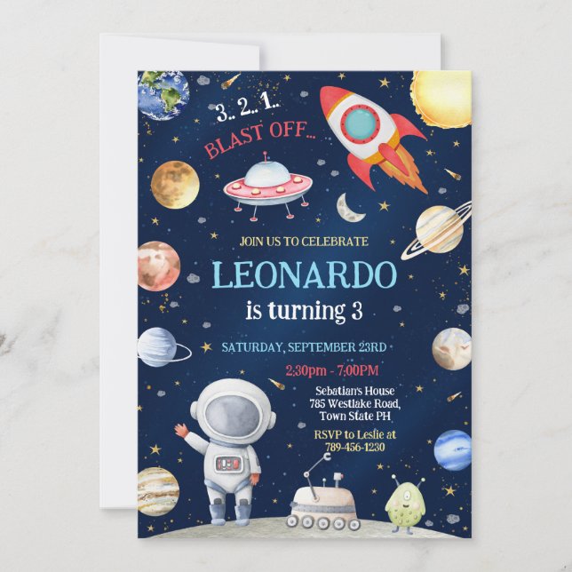 Invitation Outer Space Rocket Ship Astronaut Galaxy Birthday  (Devant)