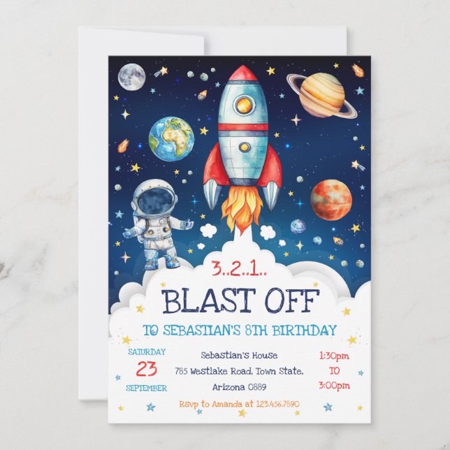 Invitation Outer Space Rocket Ship Astronaut Galaxy Birthday  (Devant)