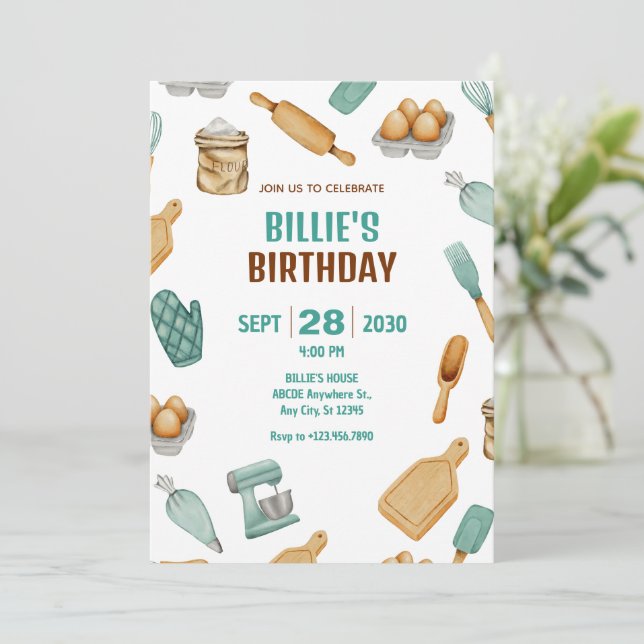 Invitation Outils de cuisson de boulanger vert motif annivers (Debout devant)