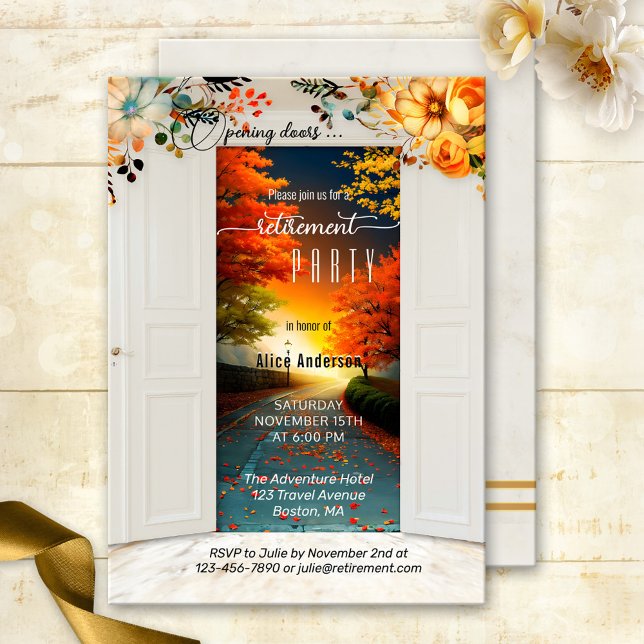 Invitation Ouverture des portes Automne Retraite (Retirement party invitation featuring an image of opening doors showing a road to a colorful future)