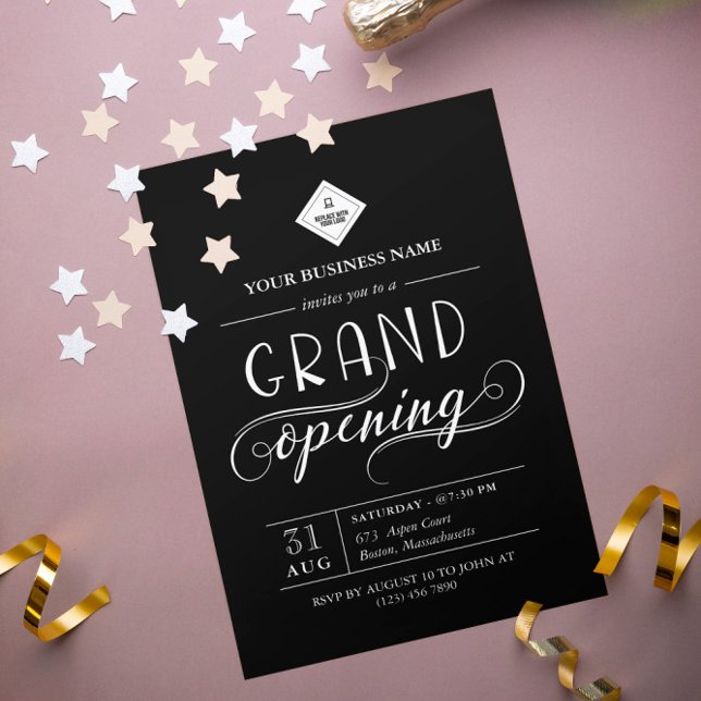 Invitation Ouverture grandiose en noir et blanc Votre logo (Créateur téléchargé)