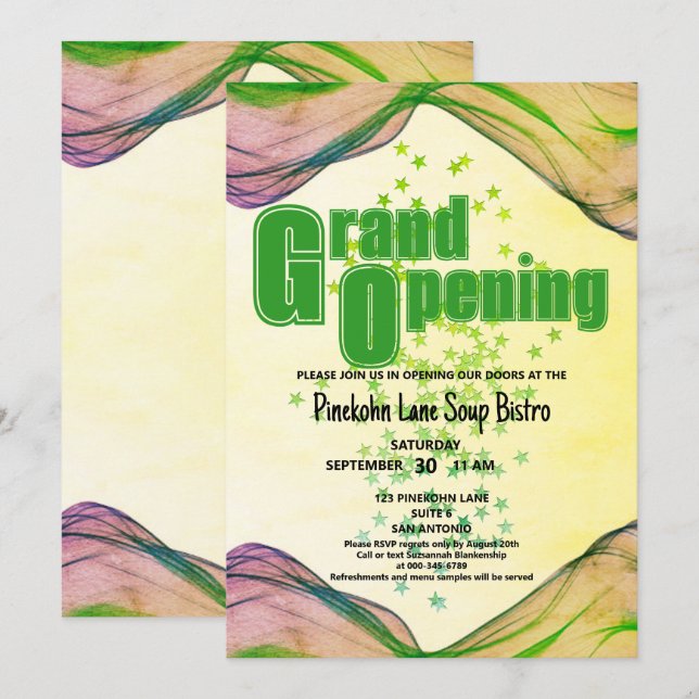 Invitation Ouverture grandiose vert jaune bordure vague étoil (Devant / Derrière)