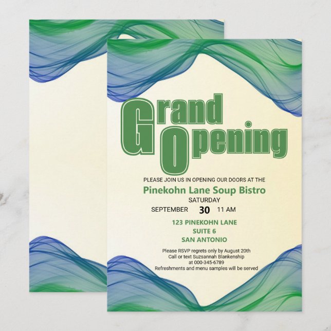Invitation Ouverture Grands Bleus Verts Bordures Aquarelle Va (Devant / Derrière)