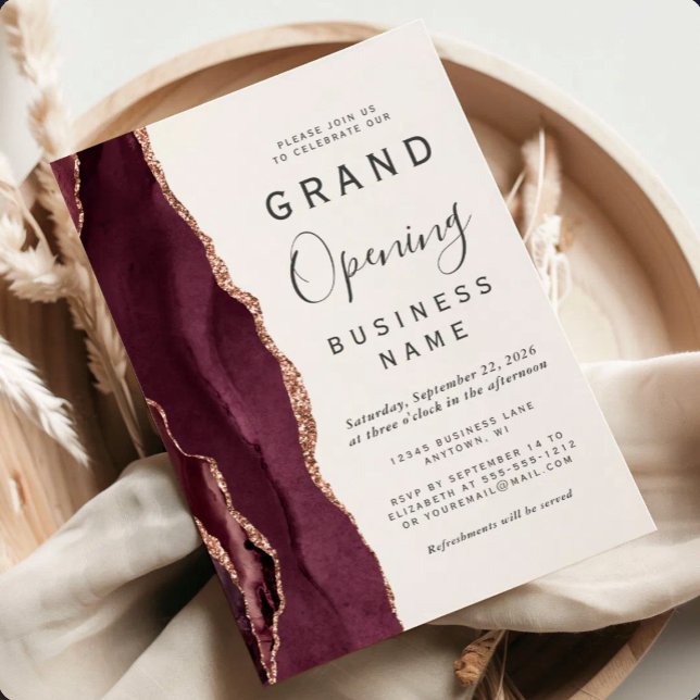 Invitation Ouverture officielle Bourgogne Rose Gold Agate (Créateur téléchargé)