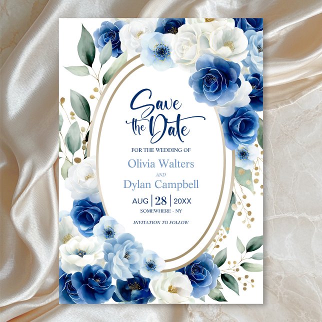 Invitation Oval Blue Floral Wedding Enregistrer la date (Créateur téléchargé)
