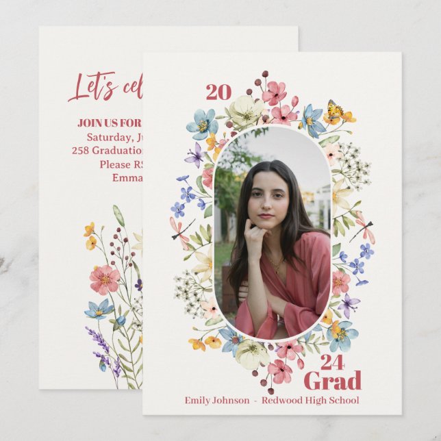Invitation Oval Floral Frame Photo Graduation Party (Devant / Derrière)