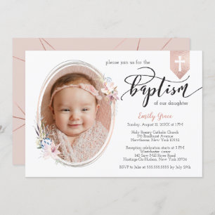 Invitation Oval Floral Photo Rose or Bannière Baptême Invitat