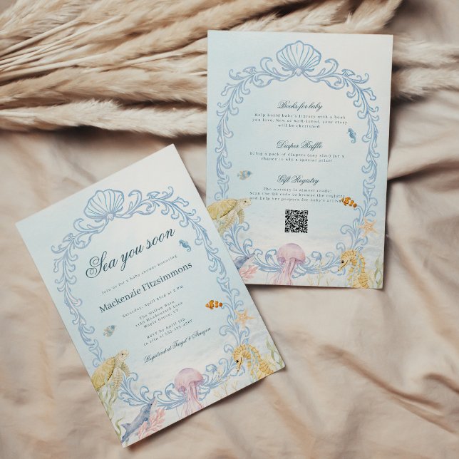 Invitation Oval Rococo À la mer bientôt Baby Shower (All in One Oval Sea You Soon Rococo Baby Shower Invitation)