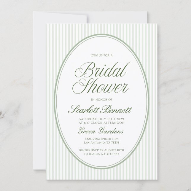 Invitation Ovale Mariage Bébé Shower Vert Sauge Rayé (Devant)