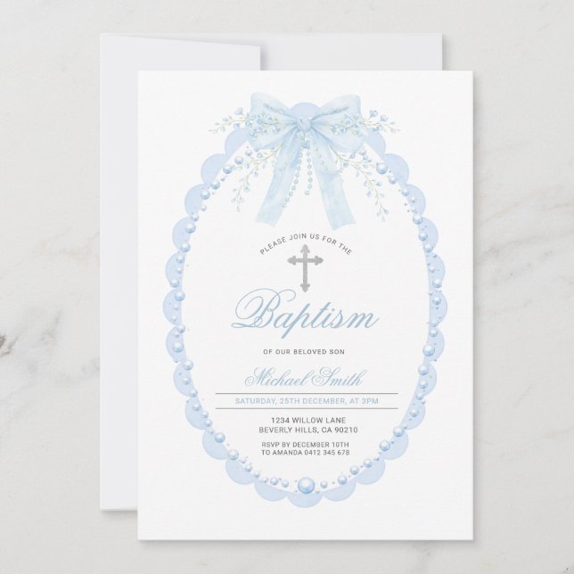 Invitation Ovale Perle Bleue Baptême Garçon Christening avec  (Devant)