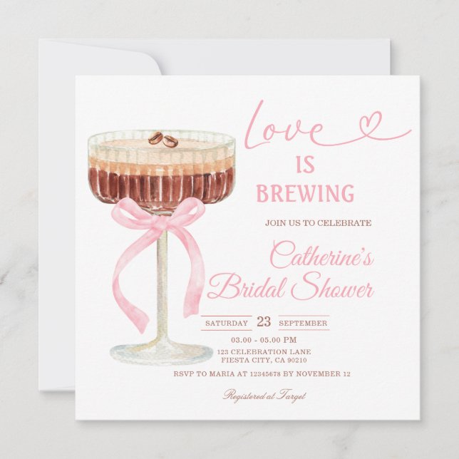 Invitation ove Is Brewing Bridal Shower Coffee Martini Theme (Devant)