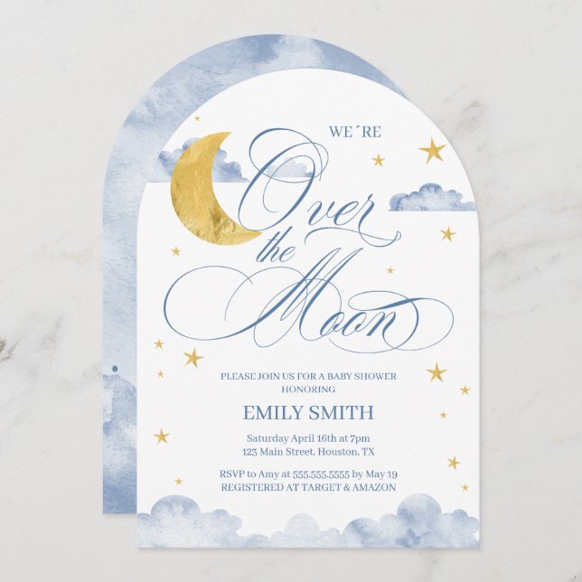 Invitation Over The Moon Baby Shower (Devant / Derrière)