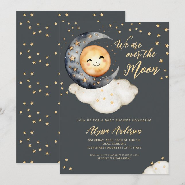 Invitation Over the Moon Baby Shower (Devant / Derrière)