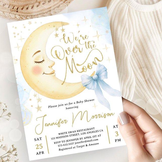 Invitation Over the Moon Baby Shower Boy Blue Bow Moon (Créateur téléchargé)