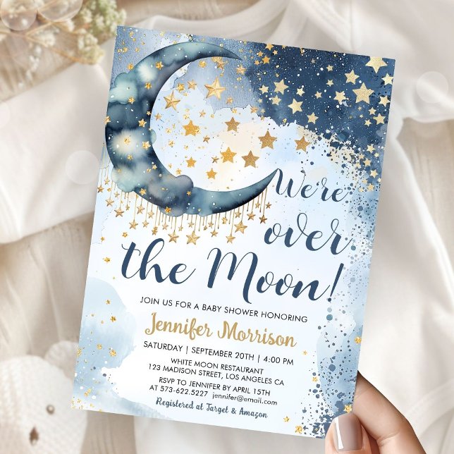 Invitation Over The Moon Baby Shower Boy Blue Twinkle Stars (Créateur téléchargé)
