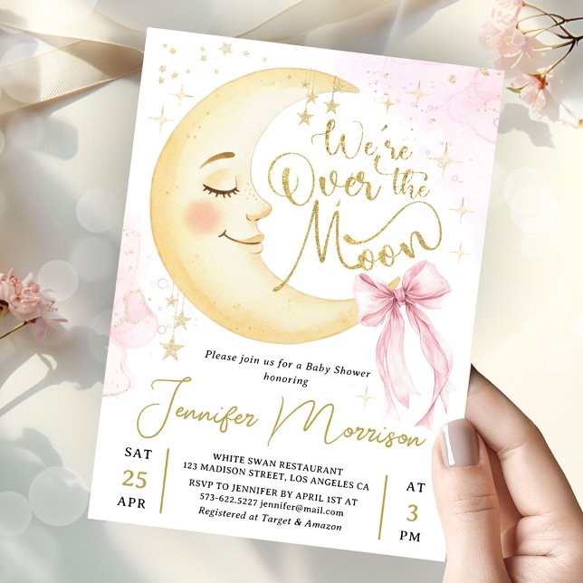 Invitation Over the Moon Baby Shower Girl Pink Bow Cute Moon (Créateur téléchargé)