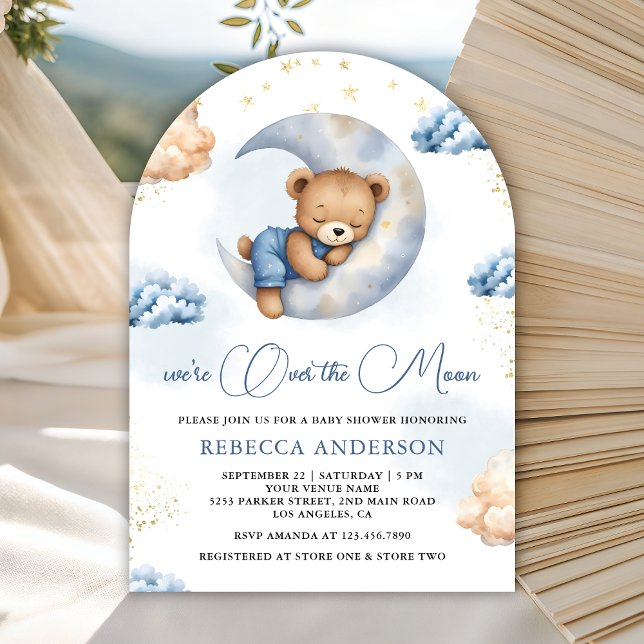 Invitation Over the Moon Sleeping Teddy Bear Blue Baby Shower (Créateur téléchargé)