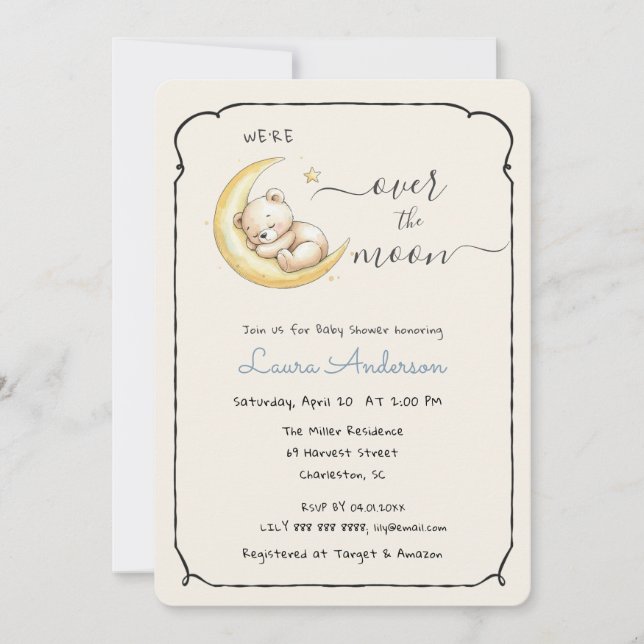 Invitation Over The Moon Teddy Bear Baby shower (Devant)