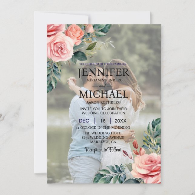 Invitation Overlay Portrait Photo QR Roses Mariage (Devant)