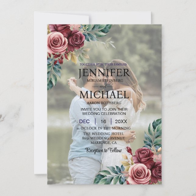 Invitation Overlay Portrait Photo QR Roses Mariage (Devant)