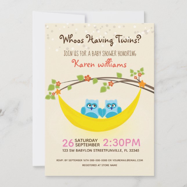Invitation Owl Baby shower - Regardez qui a des jumeaux ? (Devant)
