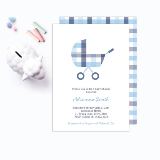 Invitation Oxford Check Buggy Boy Baby shower Party (Créateur téléchargé)
