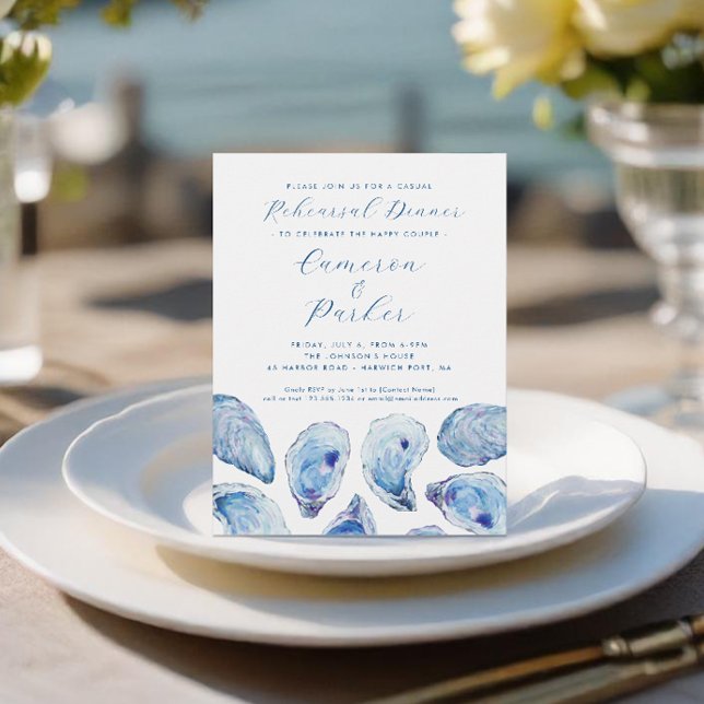 Invitation Oyster Décontracté Mariage répétition Aquarelle bl (Oyster Casual Wedding Rehearsal Dinner Invitation in elegant blue watercolor from Concertina Press)