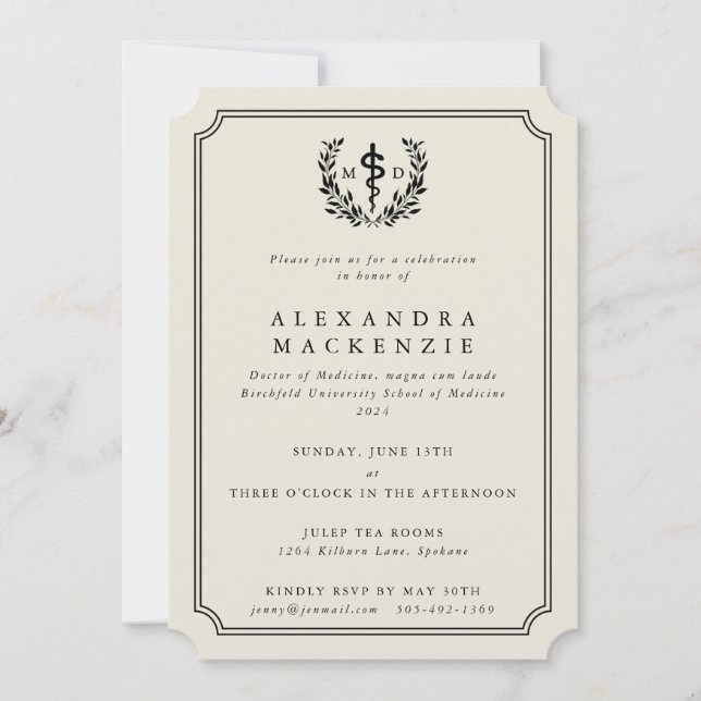 Invitation Oyster MD Asclepius + Laurel Wreath Graduation (Devant)