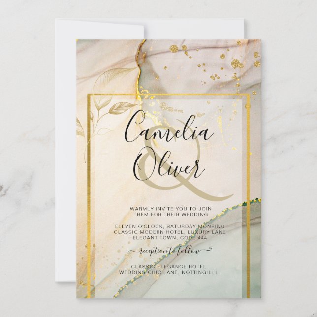 Invitation Oyster Pearl Gold MARIAGE Encre d'alcool Abstraite (Devant)