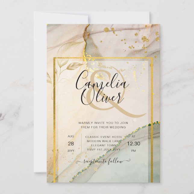 Invitation Oyster Pearl Gold MARIAGE Encre d'alcool Abstraite (Devant)
