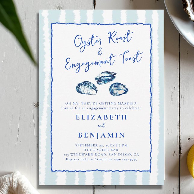 Invitation Oyster Roast Blue Stripes Parti d'engagement moder (nautical engagement invitation oyster party coastal seaside yacht club boat beach blue hand drawn)