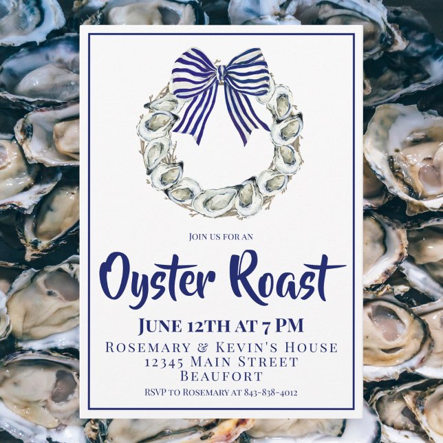 Invitation Oyster Wreath Blue Striped Ribbon Oyster Roast (Créateur téléchargé)