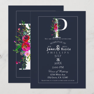 Invitation P Monogramme Initiale Moderne Fleurs Bleues Mariag