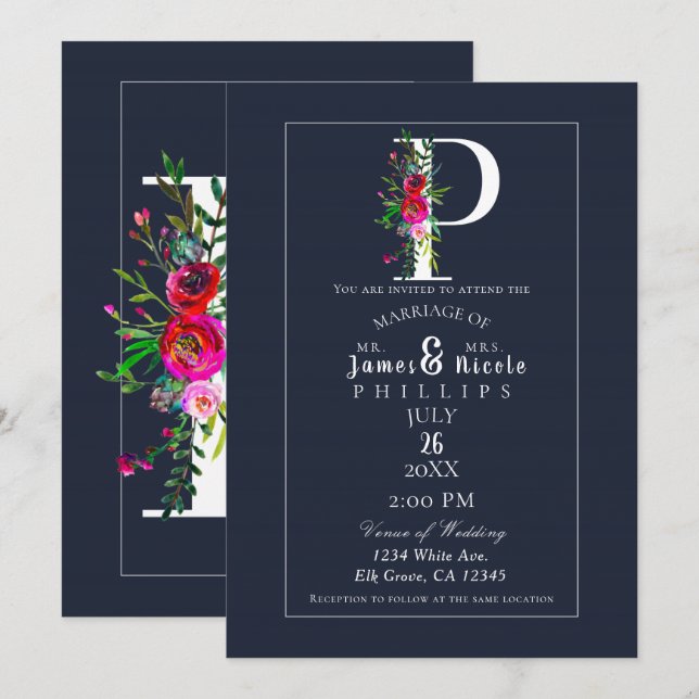 Invitation P Monogramme Initiale Moderne Fleurs Bleues Mariag (Devant / Derrière)