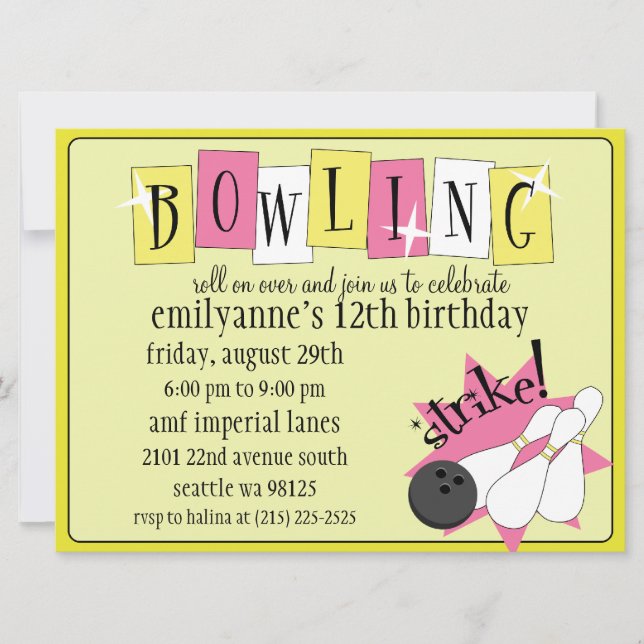 Invitation PA totalement rétro d'anniversaire de bowling de (Devant)