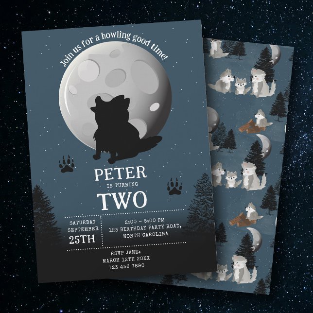 Invitation Pack de loups mignons Anniversaire de hurlement de (Cute Wolf Pack Woodland Moon Howling Birthday Invitation)