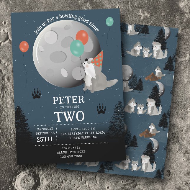 Invitation Pack de loups mignons forêt lune Hurlement Anniver (Cute Wolf Pack Woodland Moon Howling Birthday Invitation)